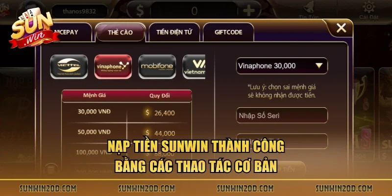 Nạp tiền Sunwin thành công bằng các thao tác cơ bản